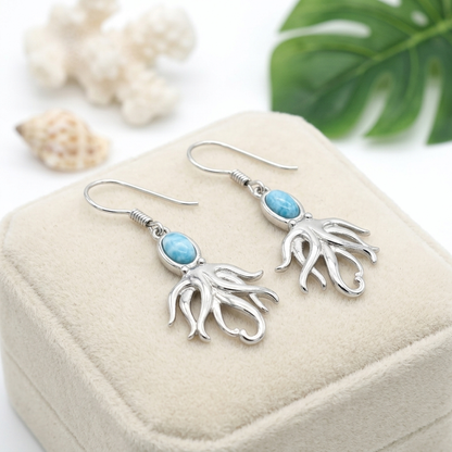Hawaiian Ocean Octopus Larimar Stone Dangle Earrings - 925 Sterling Silver