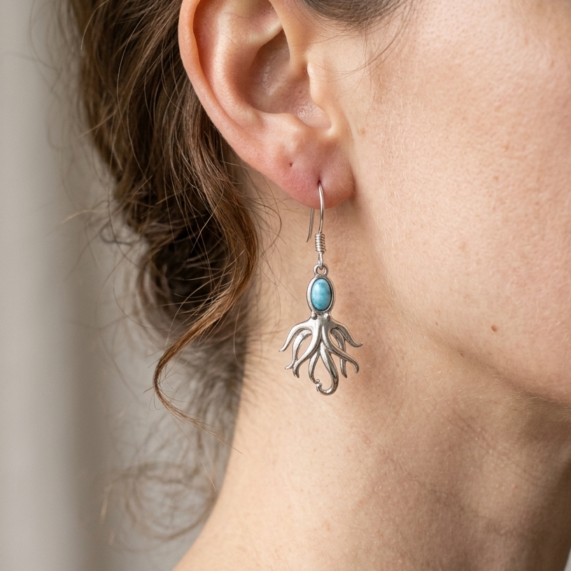 Hawaiian Octopus Larimar Stone Dangle Earrings - 925 Sterling Silver