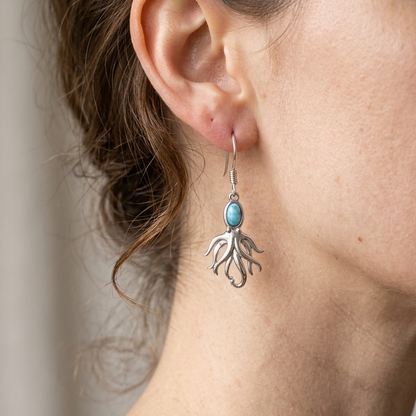 Hawaiian Octopus Larimar Stone Dangle Earrings - 925 Sterling Silver