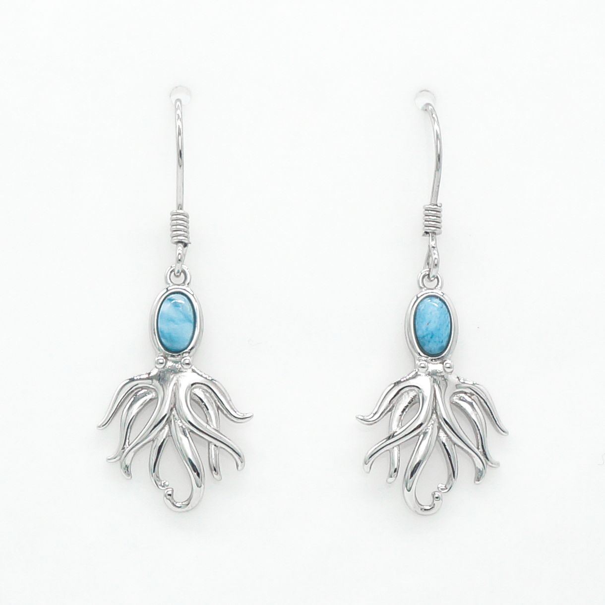 Hawaiian Ocean Octopus Larimar Stone Dangle Earrings - 925 Sterling Silver
