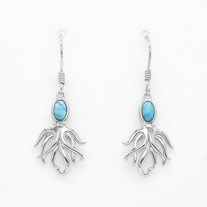 Hawaiian Ocean Octopus Larimar Stone Dangle Earrings - 925 Sterling Silver