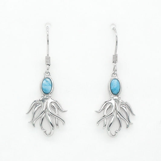 Hawaiian Octopus Larimar Stone Dangle Earrings - 925 Sterling Silver
