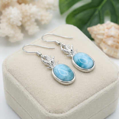 Hawaiian Pineapple Larimar Stone Dangle Earrings - 925 Sterling Silver