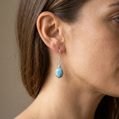 Hawaiian Pineapple Larimar Stone Dangle Earrings - 925 Sterling Silver