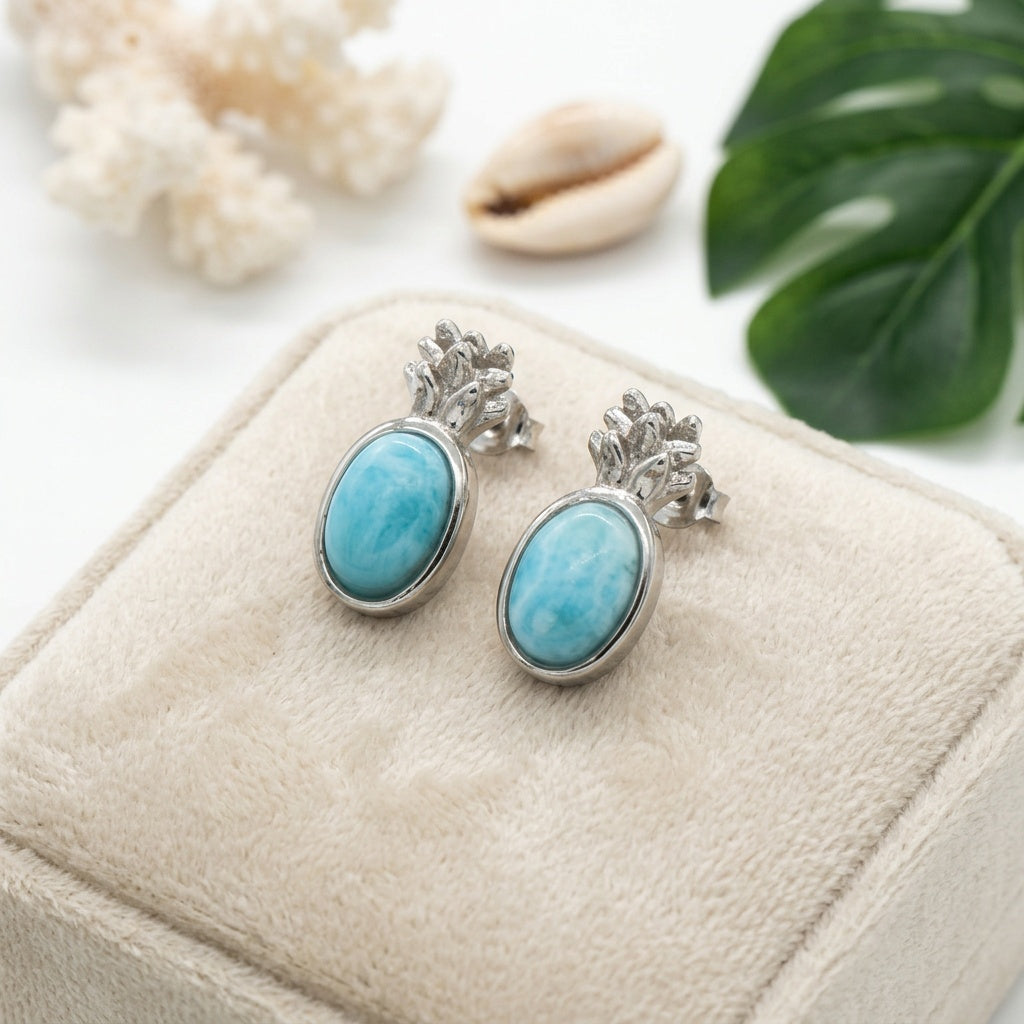 Hawaiian Pineapple Larimar Stone Stud Earrings - 925 Sterling Silver