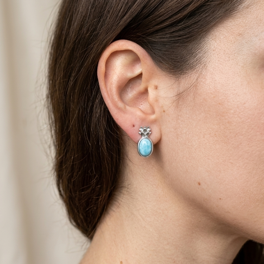 Hawaiian Pineapple Larimar Stone Stud Earrings - 925 Sterling Silver