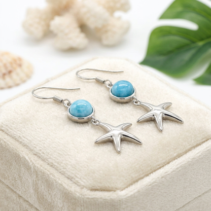 Hawaiian Ocean Starfish Larimar Stone Dangle Earrings - 925 Sterling Silver