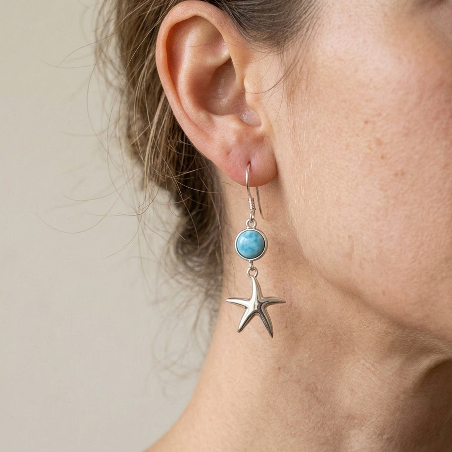 Hawaiian Ocean Starfish Larimar Stone Dangle Earrings - 925 Sterling Silver