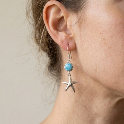 Hawaiian Ocean Starfish Larimar Stone Dangle Earrings - 925 Sterling Silver