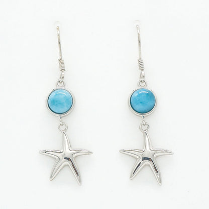 Hawaiian Ocean Starfish Larimar Stone Dangle Earrings - 925 Sterling Silver