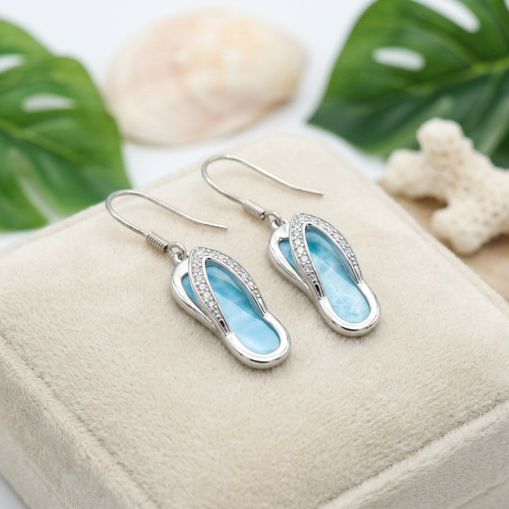 Flip Flop Larimar Stone & CZ Dangle Earrings - 925 Sterling Silver