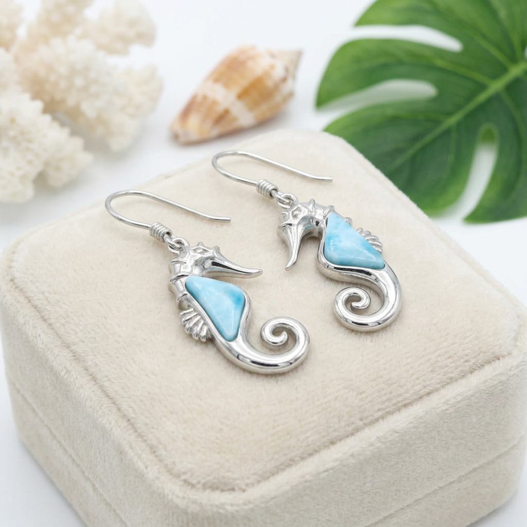 Hawaiian Ocean Seahorse Larimar Stone Dangle Earrings - 925 Sterling Silver