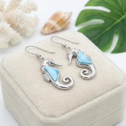 Hawaiian Ocean Seahorse Larimar Stone Dangle Earrings - 925 Sterling Silver