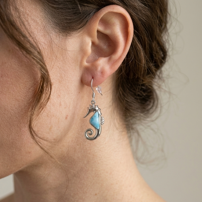 Hawaiian Ocean Seahorse Larimar Stone Dangle Earrings - 925 Sterling Silver
