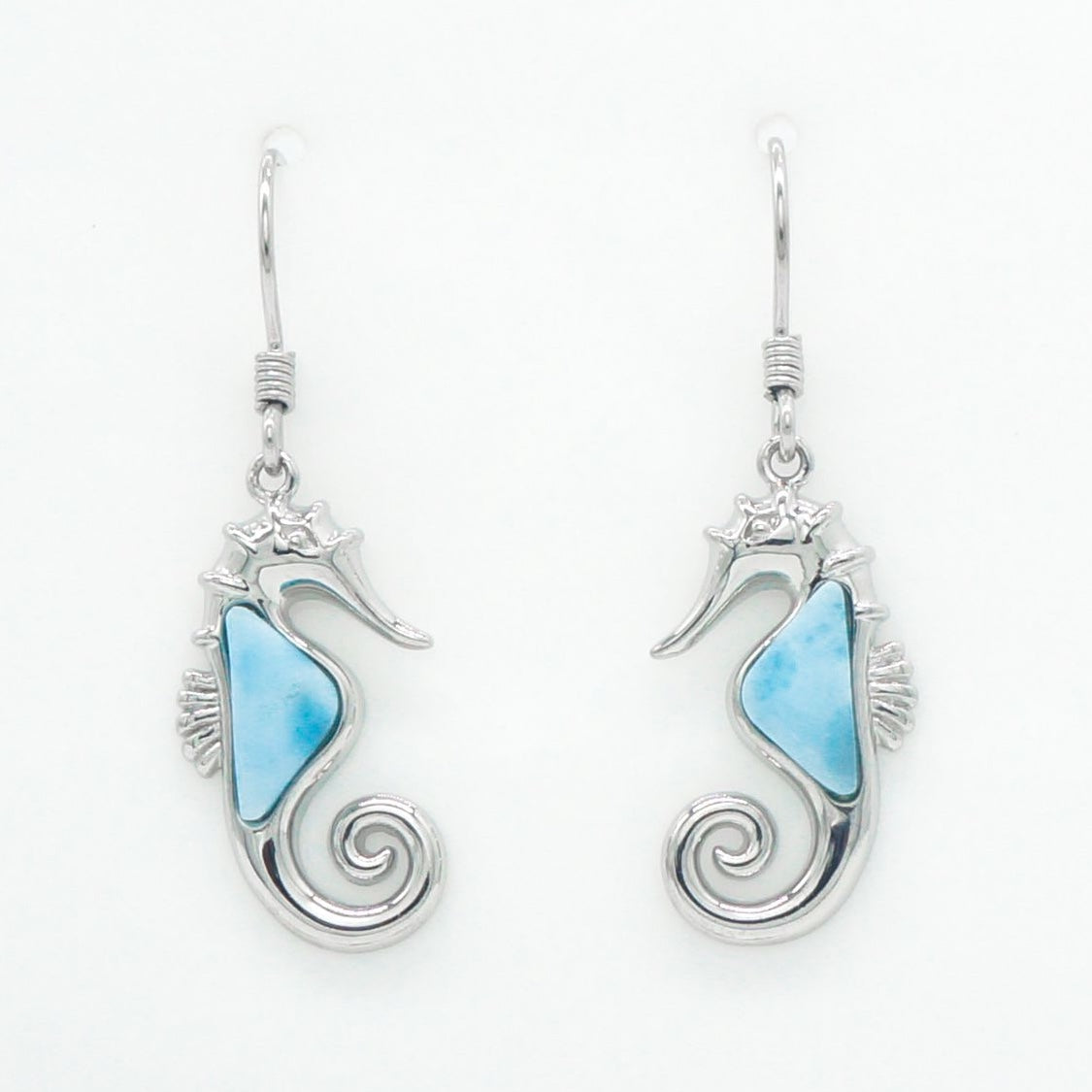 Hawaiian Ocean Seahorse Larimar Stone Dangle Earrings - 925 Sterling Silver