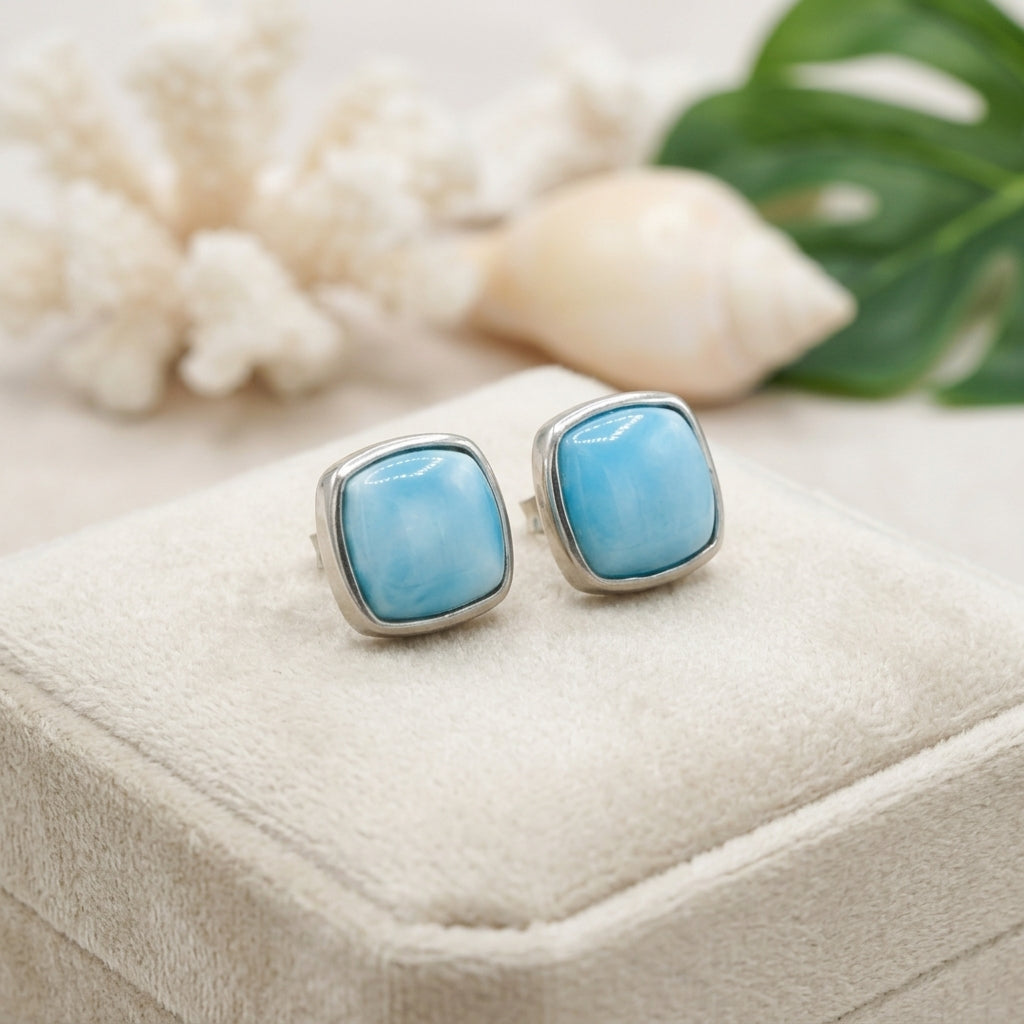 5mm Square Larimar Stone Stud Earrings - 925 Sterling Silver