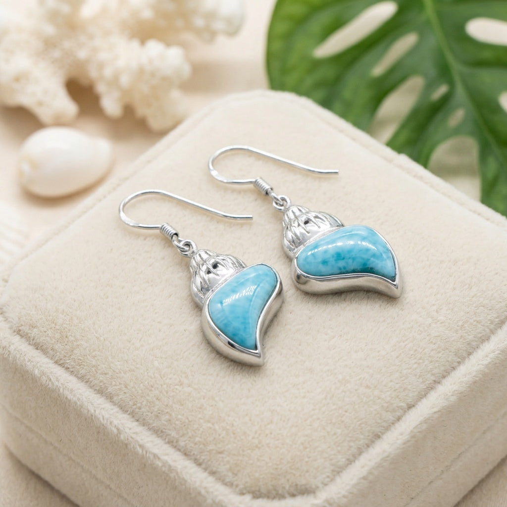 Hawaiian Conch Shell Larimar Stone Dangle Earrings - 925 Sterling Silver