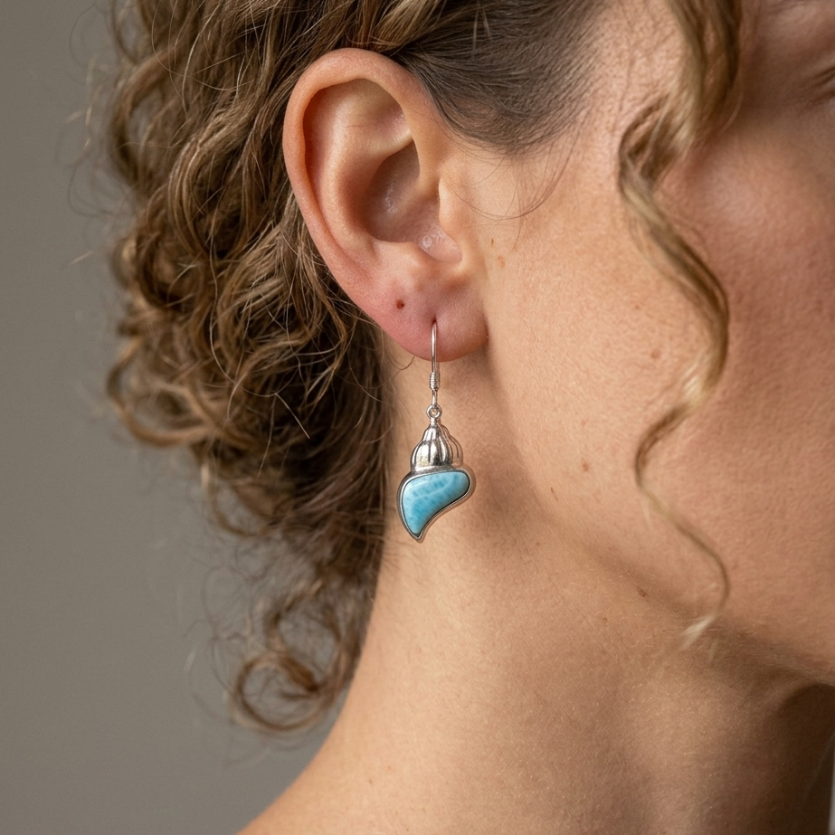 Hawaiian Ocean Conch Seashell Larimar Stone Dangle Earrings - 925 Sterling Silver