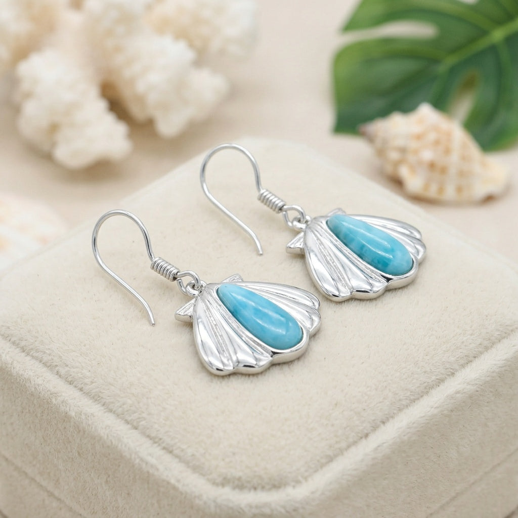 Hawaiian Scallop Seashell Larimar Stone Dangle Earrings - 925 Sterling Silver