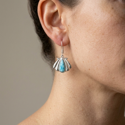 Hawaiian Scallop Seashell Larimar Stone Dangle Earrings - 925 Sterling Silver
