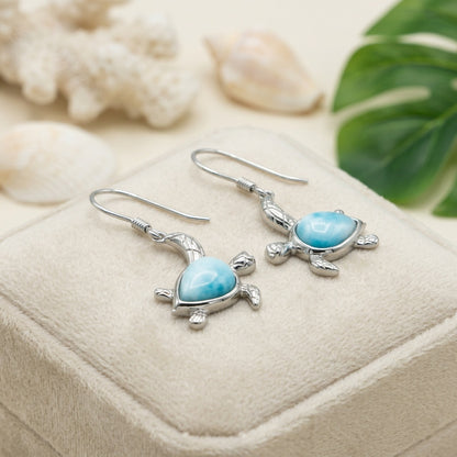 Hawaiian Sea Turtle Honu Larimar Stone Dangle Earrings - 925 Sterling Silver