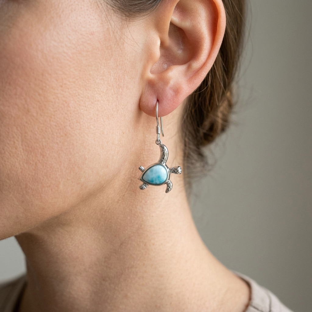 Hawaiian Sea Turtle Larimar Stone Dangle Earrings - 925 Sterling Silver