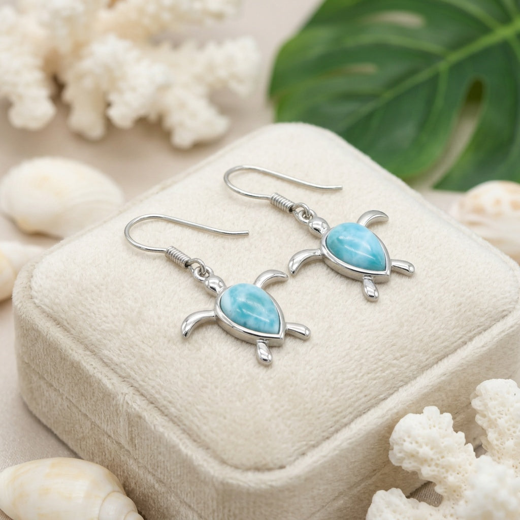 Hawaiian Sea Turtle Honu Glider Larimar Stone Dangle Earrings - 925 Sterling Silver