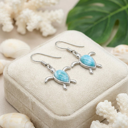Hawaiian Sea Turtle Honu Glider Larimar Stone Dangle Earrings - 925 Sterling Silver
