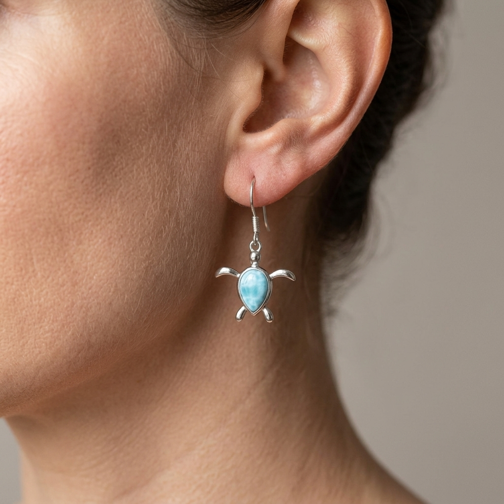 Hawaiian Sea Turtle Honu Glider Larimar Stone Dangle Earrings - 925 Sterling Silver