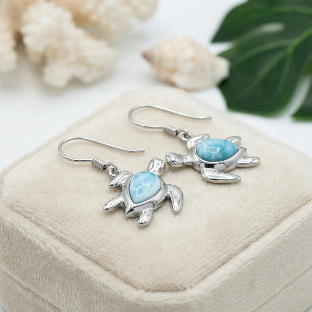 Hawaiian Ocean Turtle Honu Larimar Stone Dangle Earrings - 925 Sterling Silver