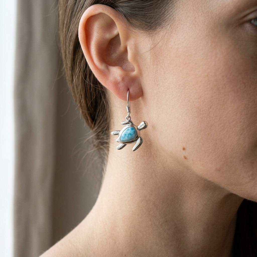 Hawaiian Ocean Sea Turtle Larimar Stone Dangle Earrings - 925 Sterling Silver