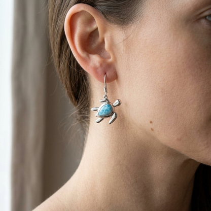 Hawaiian Ocean Sea Turtle Larimar Stone Dangle Earrings - 925 Sterling Silver