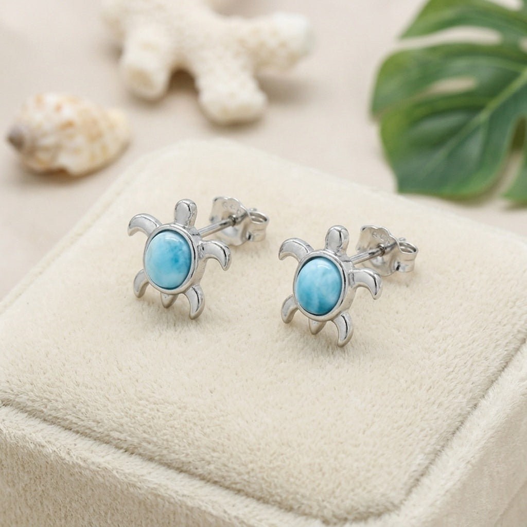 Hawaiian Sea Turtle Honu Larimar Stone Stud Earrings - 925 Sterling Silver