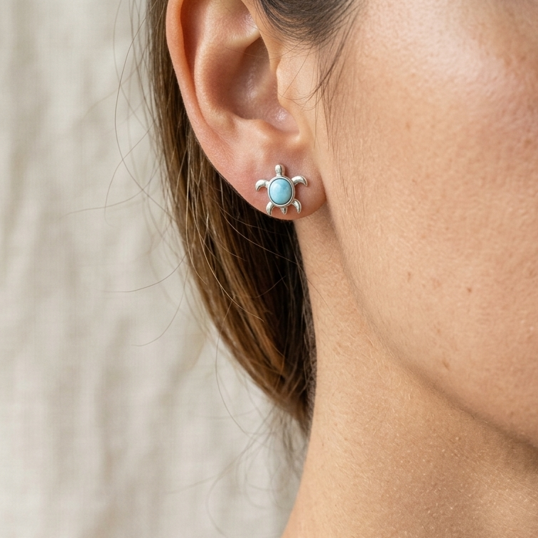 Hawaiian Ocean Sea Turtle Honu Larimar Stone Stud Earrings - 925 Sterling Silver