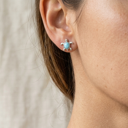 Hawaiian Ocean Sea Turtle Honu Larimar Stone Stud Earrings - 925 Sterling Silver