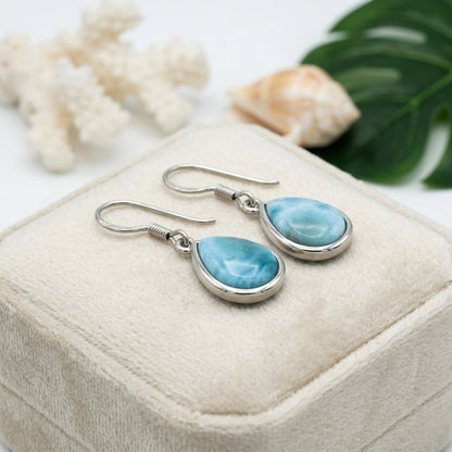 Hawaiian Ocean Teardrop Larimar Stone Dangle Earrings - 925 Sterling Silver