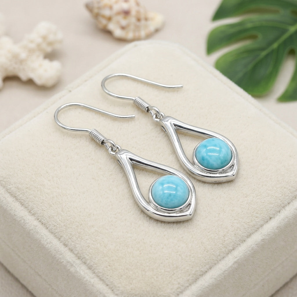 Hawaiian Ocean Framed Teardrop Larimar Stone Dangle Earrings - 925 Sterling Silver