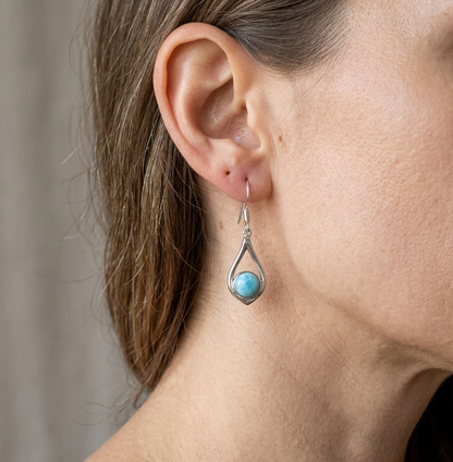 Open Frame Teardrop Larimar Stone Dangle Earrings - 925 Sterling Silver