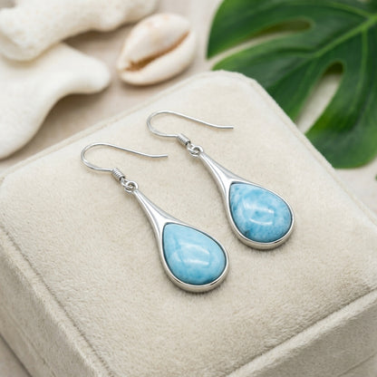 Hawaiian Ocean Dewdrop Larimar Stone Dangle Earrings - 925 Sterling Silver