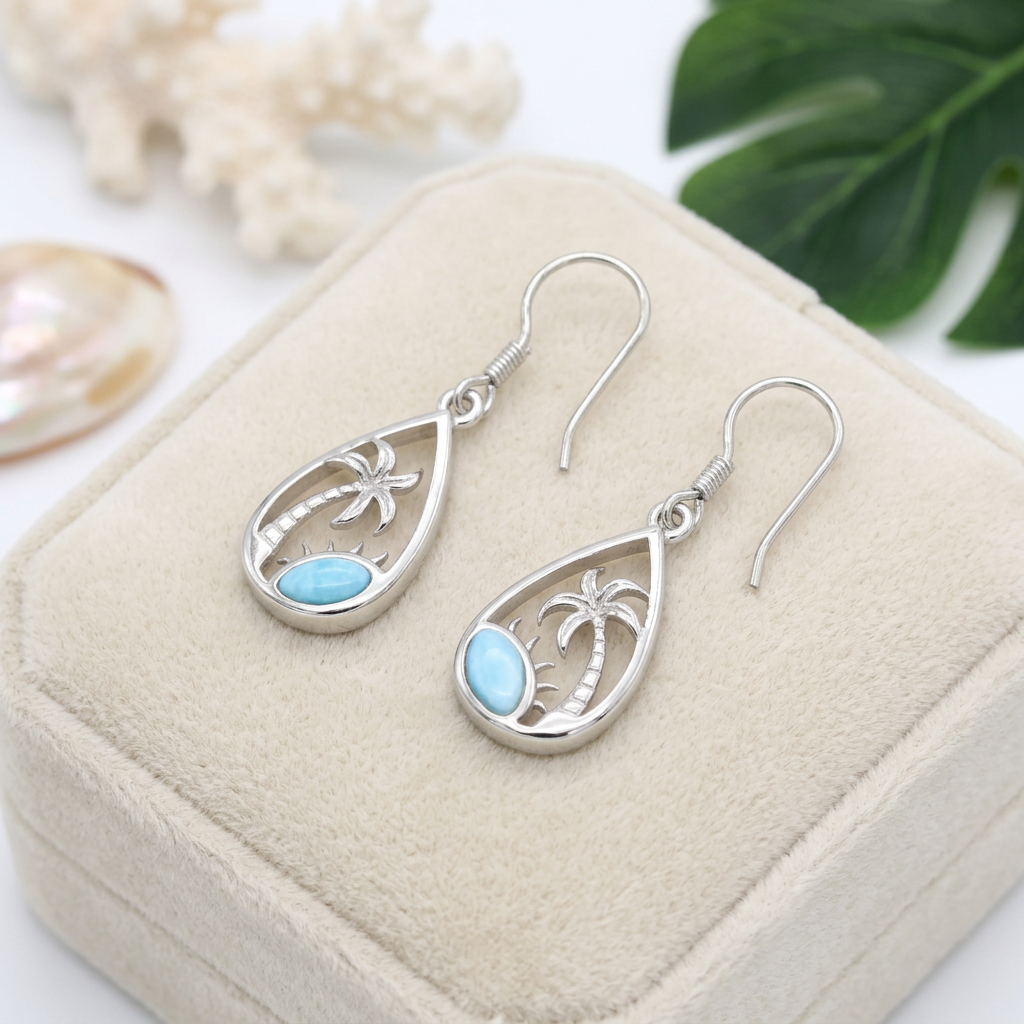 Hawaiian Palm Tree Teardrop Larimar Stone Dangle Earrings - 925 Sterling Silver
