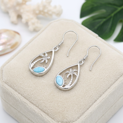 Hawaiian Palm Tree Teardrop Larimar Stone Dangle Earrings - 925 Sterling Silver