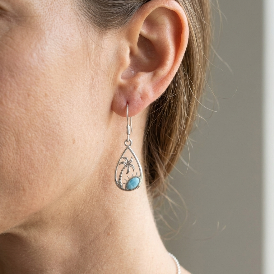 Hawaiian Palm Tree Teardrop Larimar Stone Dangle Earrings - 925 Sterling Silver