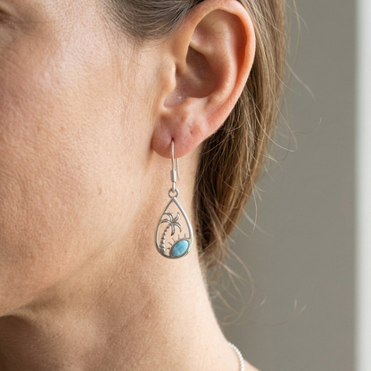 Hawaiian Palm Tree Teardrop Larimar Stone Dangle Earrings - 925 Sterling Silver