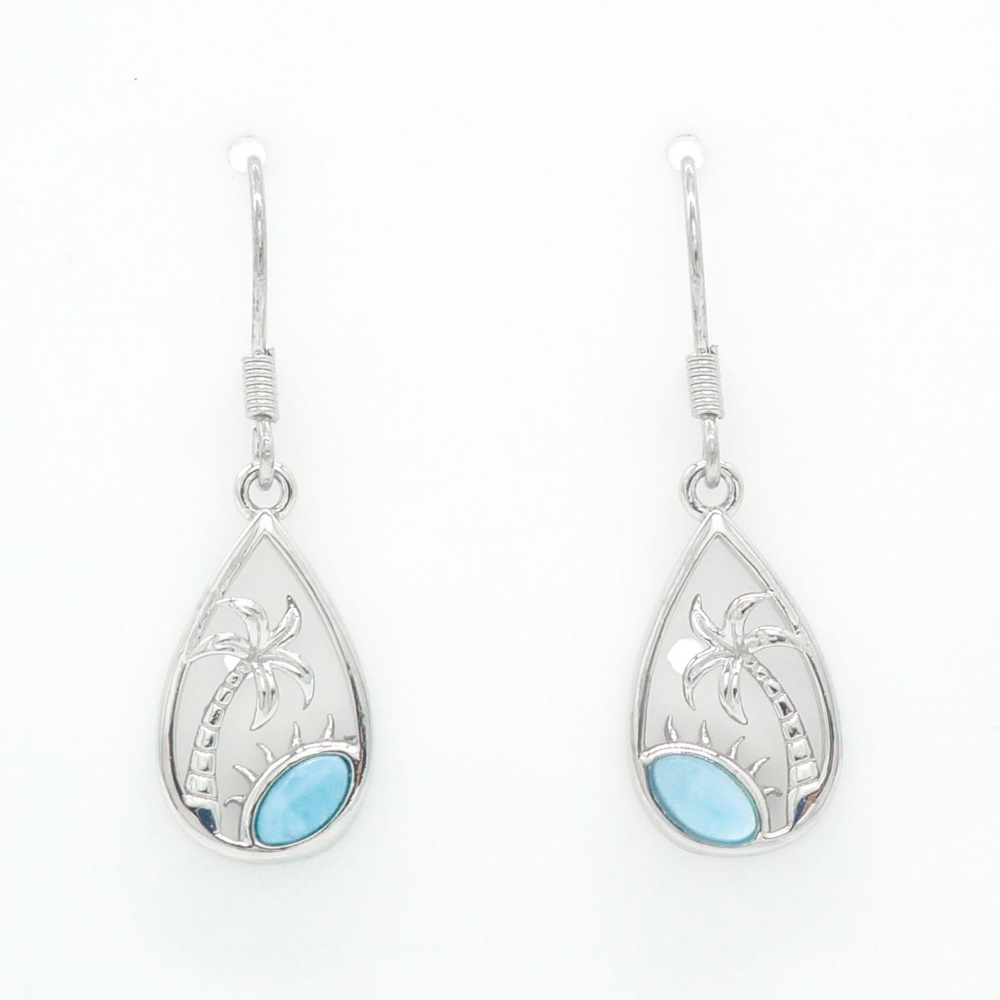 Hawaiian Palm Tree Teardrop Larimar Stone Dangle Earrings - 925 Sterling Silver