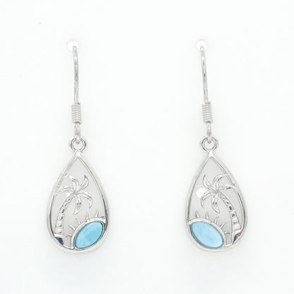 Hawaiian Palm Tree Teardrop Larimar Stone Dangle Earrings - 925 Sterling Silver