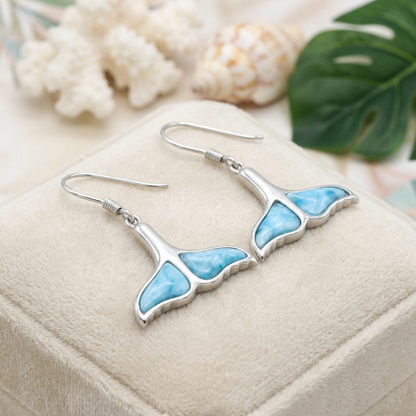 Hawaiian Ocean Whale Tail Larimar Stone Dangle Earrings - 925 Sterling Silver