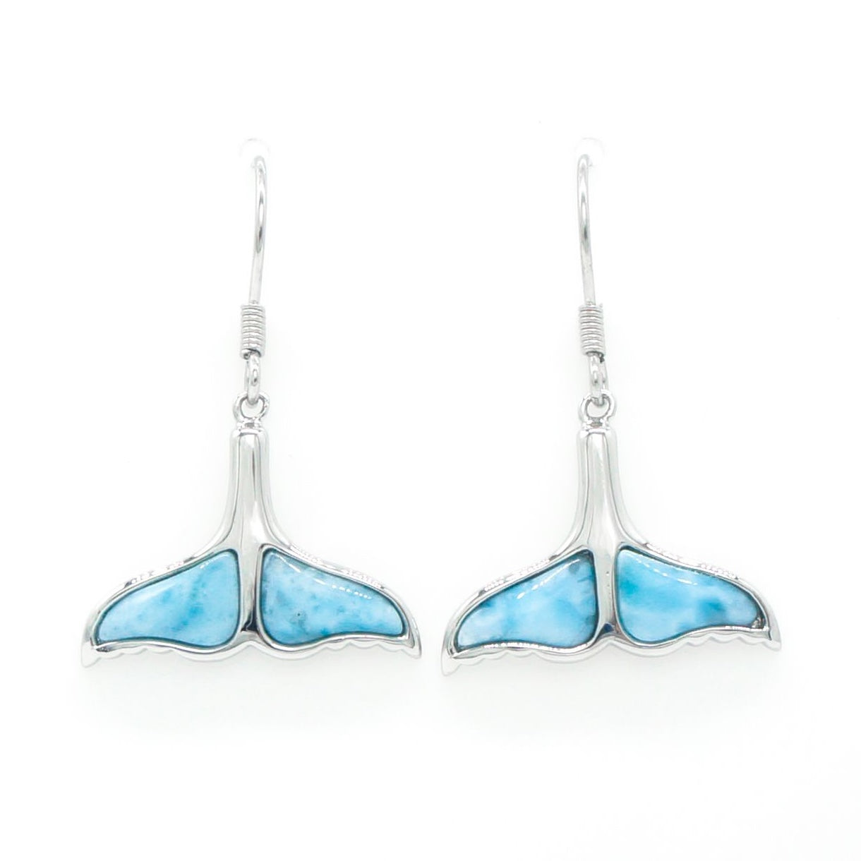 Hawaiian Ocean Whale Tail Larimar Stone Dangle Earrings - 925 Sterling Silver