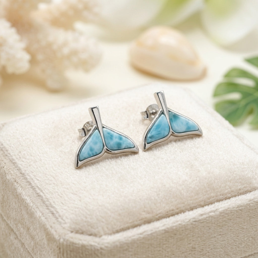 Hawaiian Whale Tail Larimar Stone Stud Earrings - 925 Sterling Silver