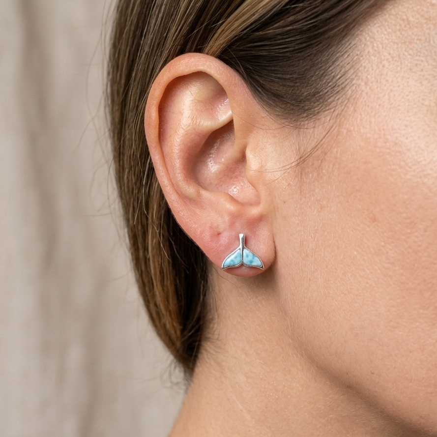 Hawaiian Ocean Whale Fluke Larimar Stone Inlay Stud Earrings - 925 Sterling Silver