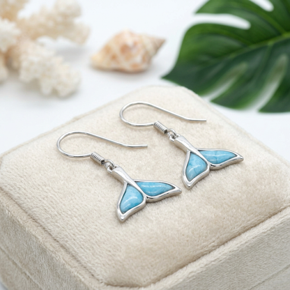 Hawaiian Ocean Whale Tail Larimar Stone Dangle Earrings - 925 Sterling Silver